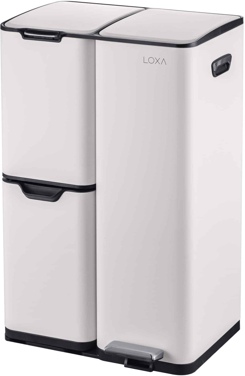 LoXa – Prullenbak Cairo 60L – 3 Compartimenten – Pedaalbediening – Soft-Close – Vingerafdrukvrij – Crème – Met Handgrepen – Hygiënisch – Duurzaam