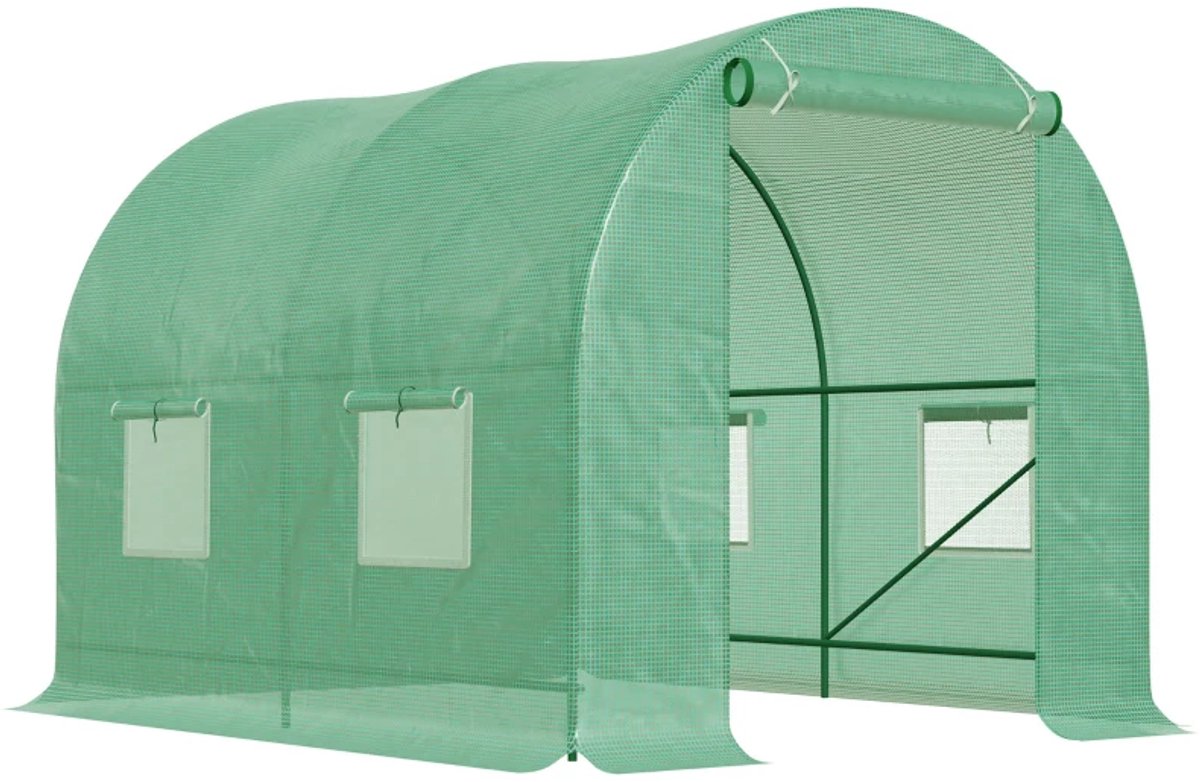 Kas met Roldeuren en Ramen- Tunnelkas - Foliekas - Broeikas met Folie - Kweektunnel - Kweekkas - Kastunnel - Groentekas - Plantenhuis - Plantenteelt - Tomatenkas - Gegalvaniseerd Staal - PE - 245x200x198 cm - Groen