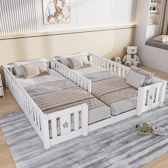 Montessori kinderbed, 90 x 200 cm, tweepersoonsbed, met veiligheidsdeur (exclusief lattenbodem), massief grenenhout, wit, exclusief matras