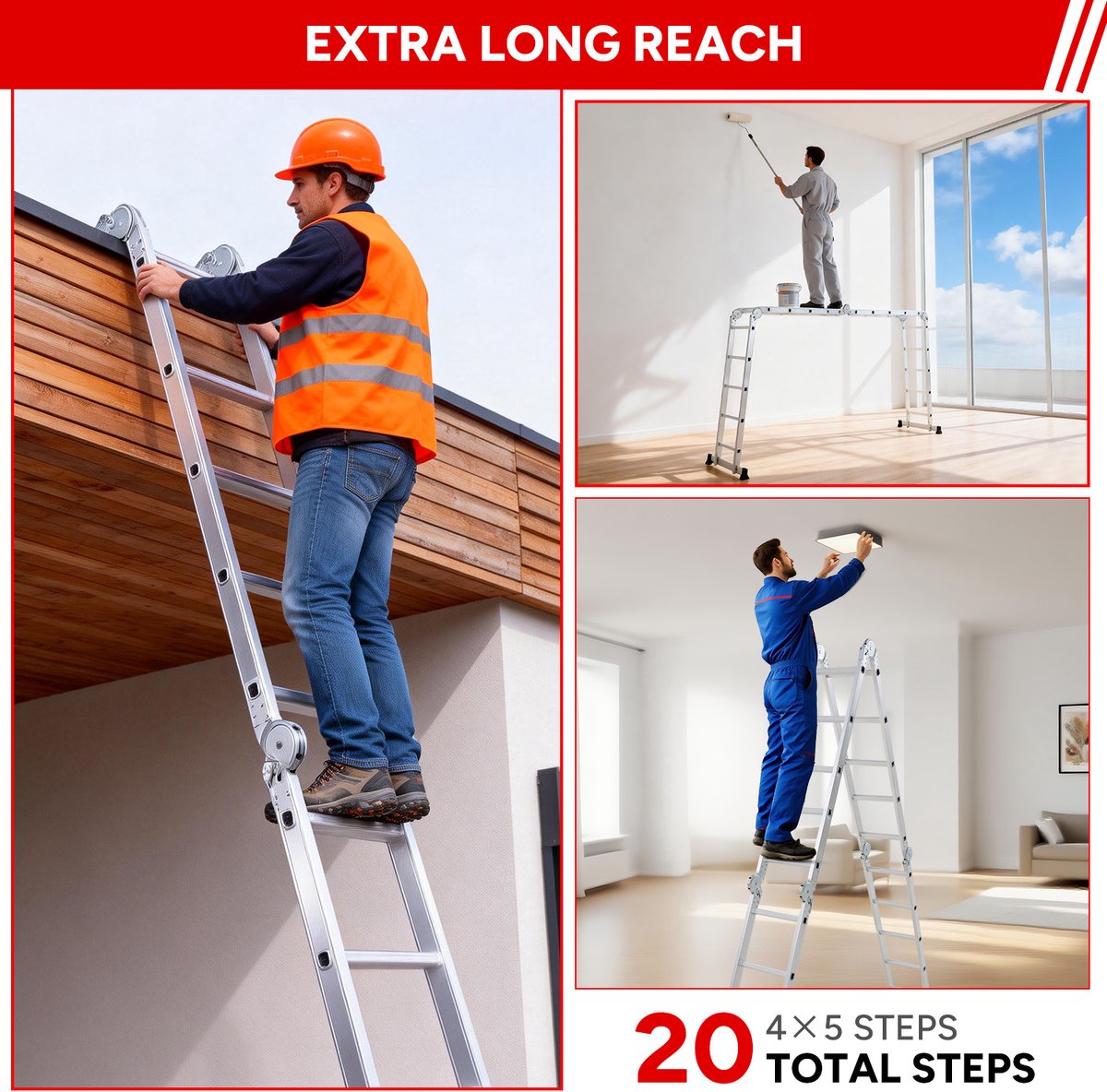 OUTIGO Multifunctionele ladder - 5,7 meter - 7 in 1 - opvouwbaar - aluminium - met 2 wielen - geschikt voor huishoudelijk gebruik - 20treden – foto 5