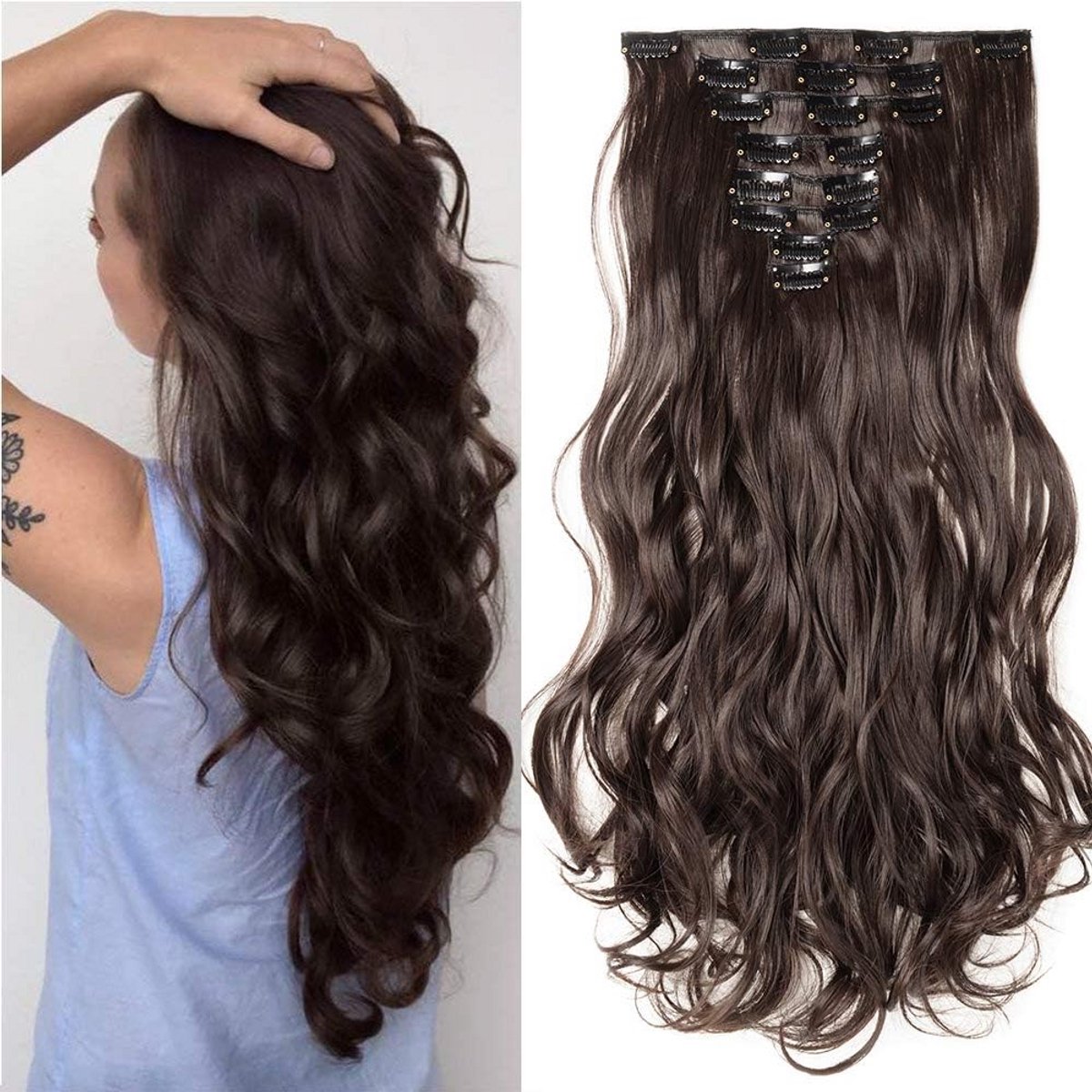 Clip-in Haarverlenging Golvend 61 cm Donkerbruin - 8 Strengen Vol & Natuurlijk Volume