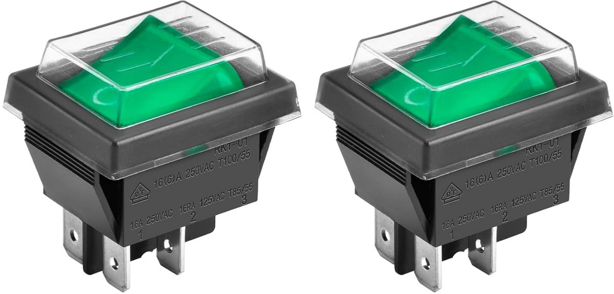 Tweekanaals Tuimelschakelaar Groen Verlicht 16A 250VAC met Waterdichte Kap - Dubbelpak