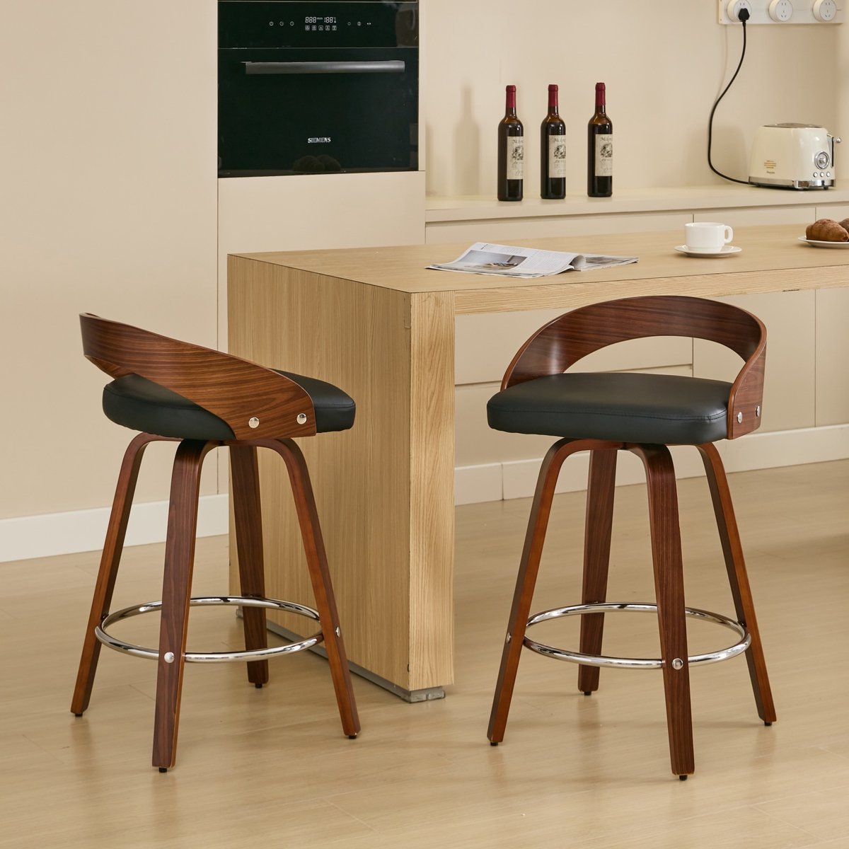 Clruro Barkrukken - Set van 2 - Lage Rug & Draaibaar - 63 cm Zithoogte - Hout & Kussen - Zwart