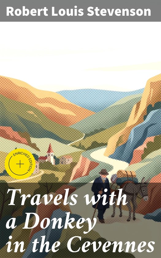Couverture de 'Travels with a Donkey in the Cevennes', montrant un homme et un âne sur un chemin de campagne, avec un village et des collines en arrière-plan.