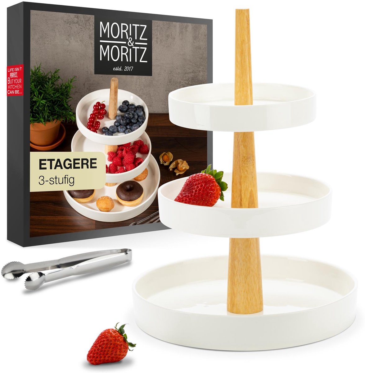 Moritz & Moritz Etagere rund 3-Stufig weiß mit Holz Stange
