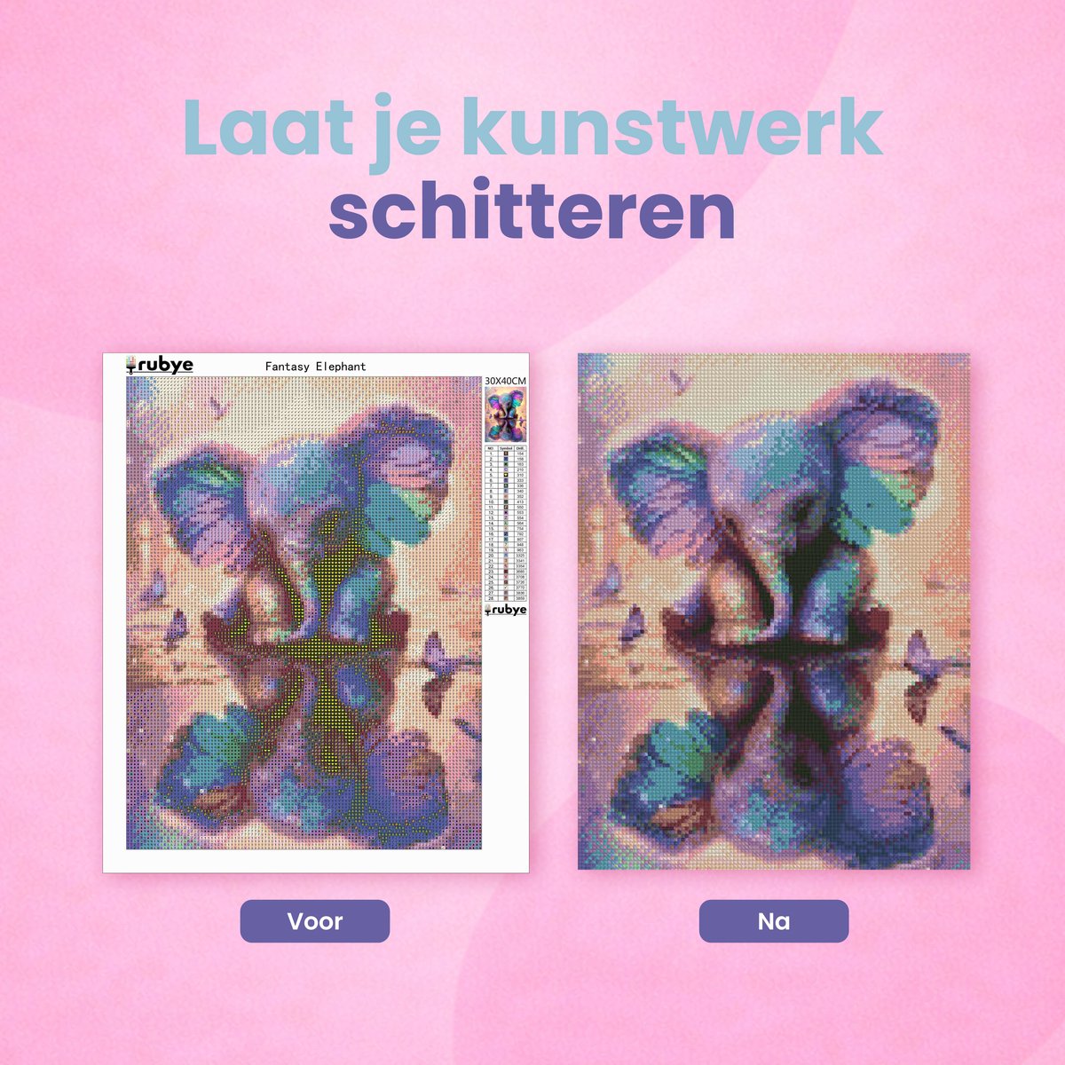 Rubye® Diamond Painting Volwassenen & Kinderen - Pakket Volledig - Olifant met Vlinders - 30x40cm — afbeelding 4
