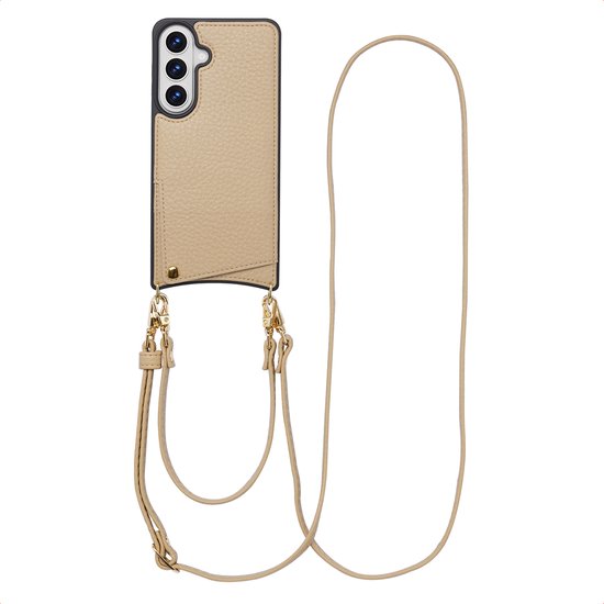 Beige telefoonhoesje van leer met een verstelbaar koord en gouden hardware.