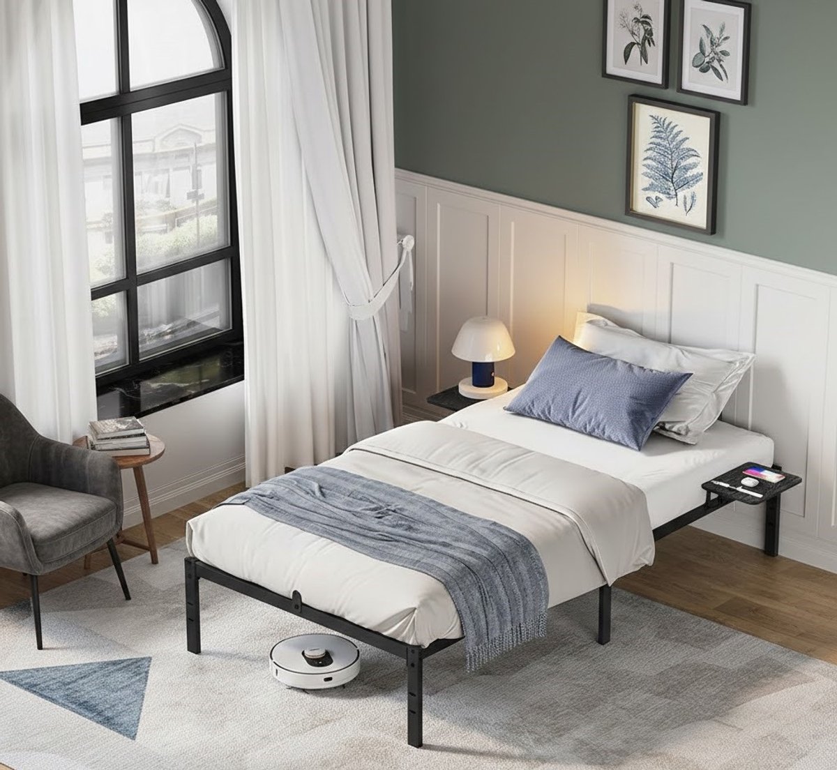 House & Graden Metalen Eenpersoons Bedframe 90x200 cm met Opbergplanken en 41 cm Opbergruimte – Industrieel Inktzwart Logeerbed Zonder Hoofdbord – House & Graden