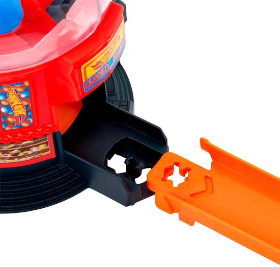Rode Hot Wheels snoepautomaat met oranje baan-onderdeel