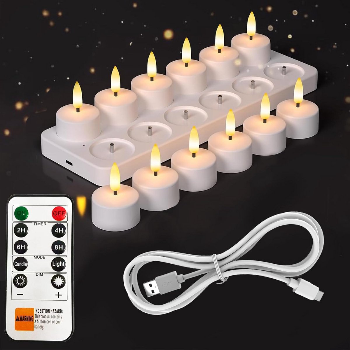 Set van 12 Oplaadbare LED Theelichtjes met Afstandsbediening en Timer