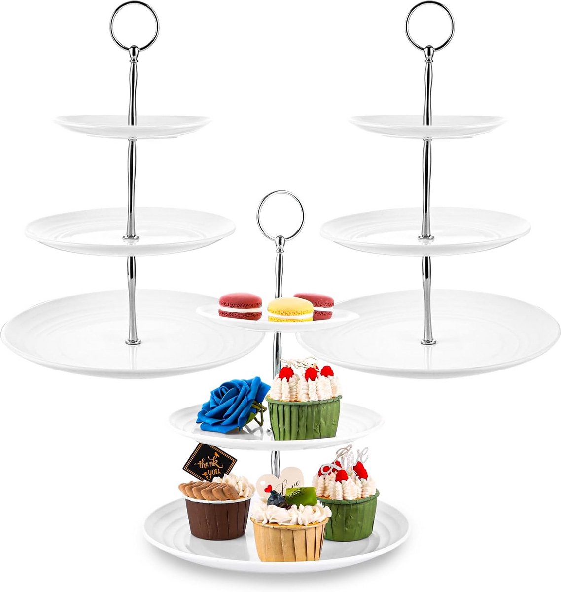 Set van 3 Witte Ronde Taartplateaus etagère voor Cupcakes en Gebak