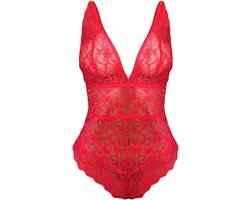 Kanten bodysuit - Body kant - Mesh lingerie - Lace - Sexy body - Dames - One size - Rood - Jonyx