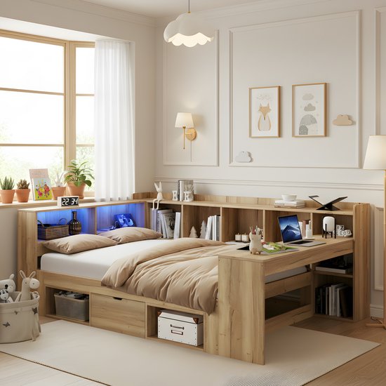 STILVORA Kinderbed 140x200 cm – Bed Met Ledverlichting & Usb En Type C Opladen – Bed Met Bureau En Opbergruimte – Voor Kinderkamer – Mdf – Zonder Matras – Naturel
