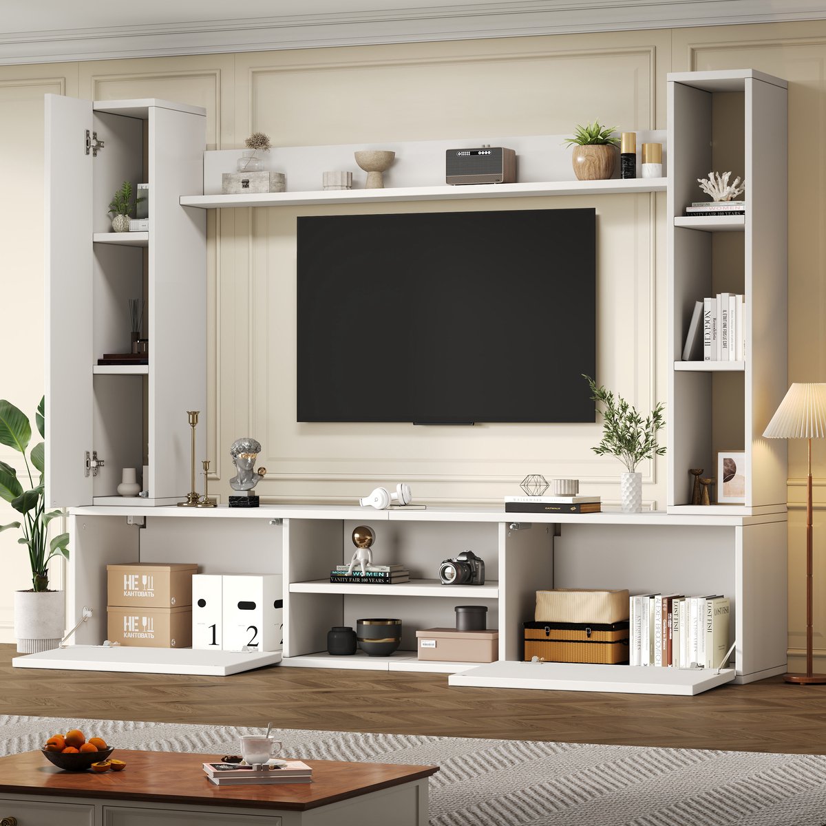 STILVORA Tv Meubelset - Met Tv Kast En 2 Wandkasten - Voor Tv Tot 80 Inch In Kleine Woonkamer - Spaanplaat - Wit - 180x35x33,5 Cm