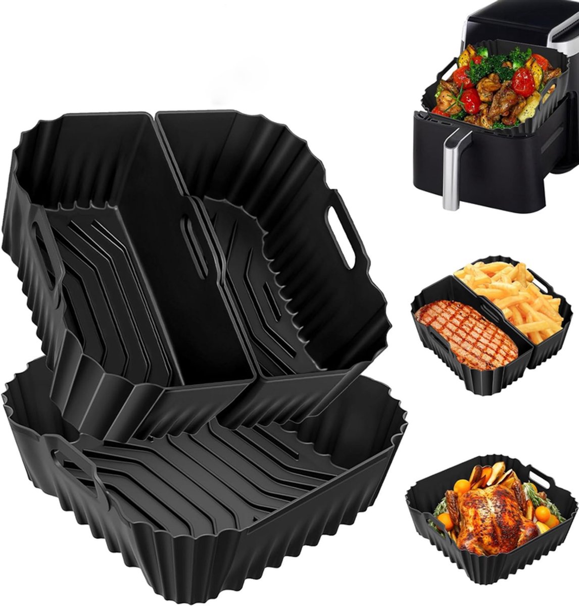 Siliconen bakvormen voor de airfryer, set van 2 herbruikbare vierkante bakvormen met siliconen inzetstukken, geschikt voor een airfryer met twee compartimenten.