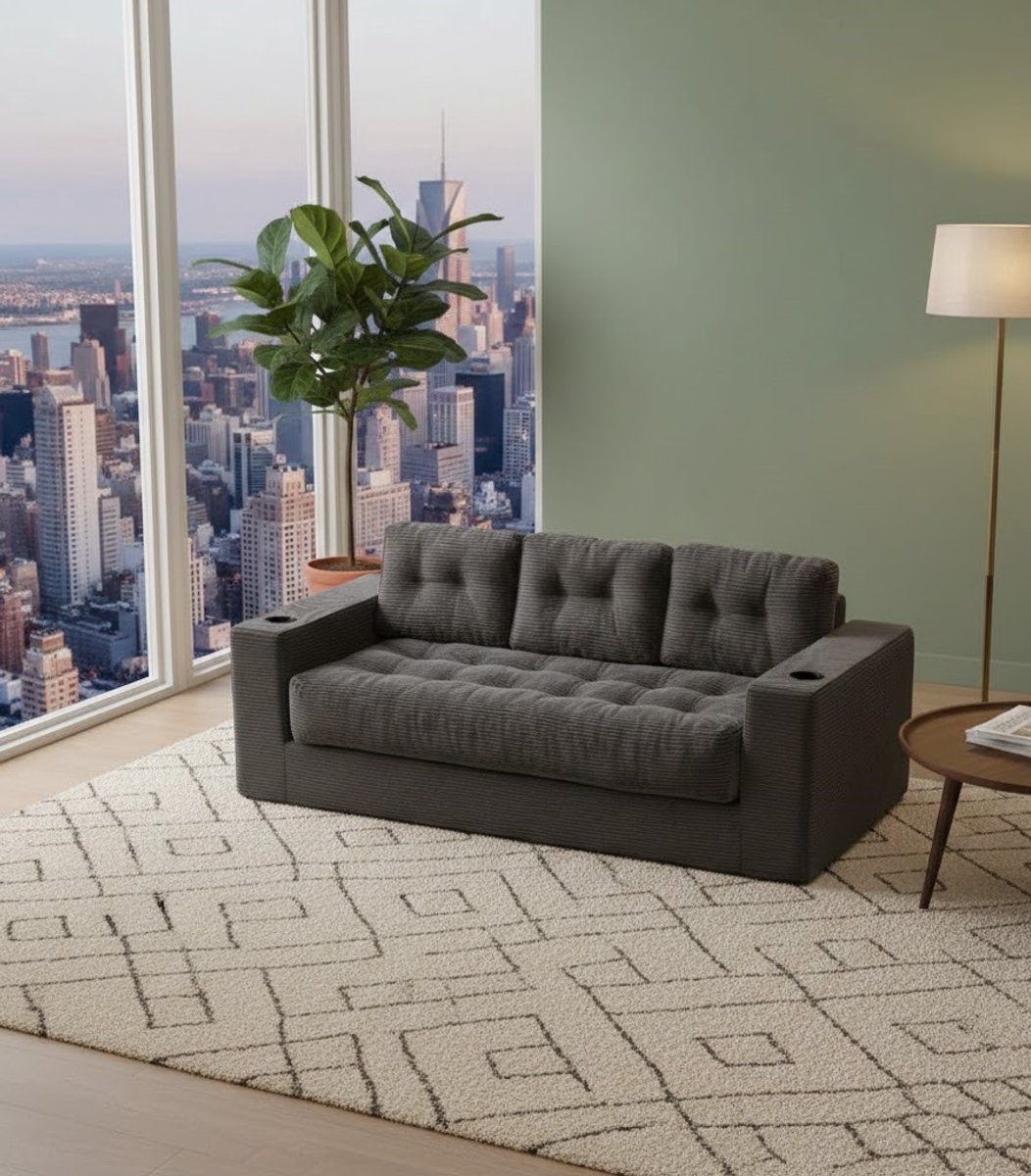 Luxe Boneless 3-zits Corduroy Bank – Grijs – Compacte Vloerbank met Kussen, Armleuningen en Dubbele Bekerhouders – Comfortabele Woonkamerbank voor Kleine Ruimtes – Geen Montage Nodig House&Garden