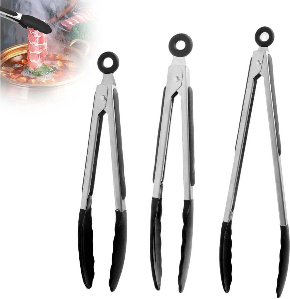Set van 3 Keukentangen Silicone Hittebestendig RVS Zwart