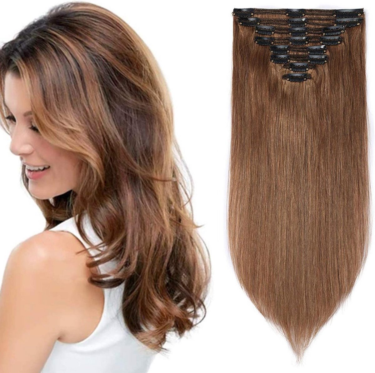 Clip-in Haarverlenging 100% Echt Menselijk Haar Volle Look 30 cm Lichtbruin