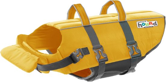 Gele zwemvest voor honden met grijze banden en gespen. Met handvatten bovenop en reflecterende randen.