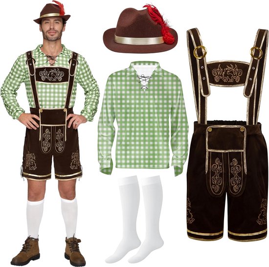 Opstelling van een Oktoberfest kostuum: man in lederhosen, losse kledingstukken en hoed.
