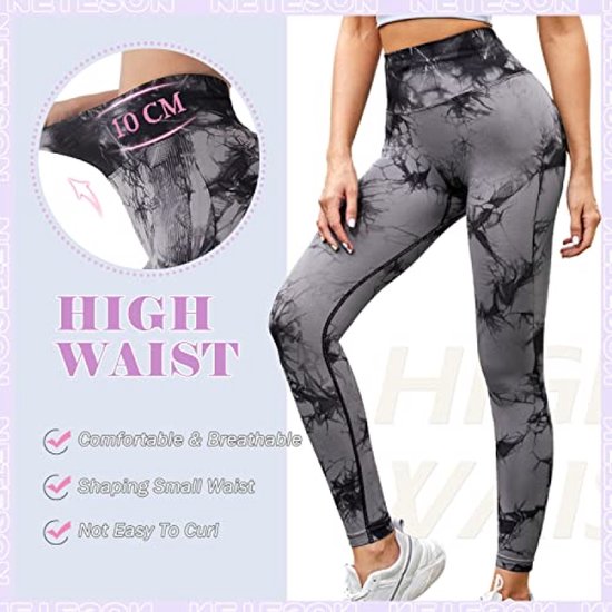 Dames sportlegging met hoge taille en heuplift effect - Zwart-grijs tie dye print - Maat L — afbeelding 4