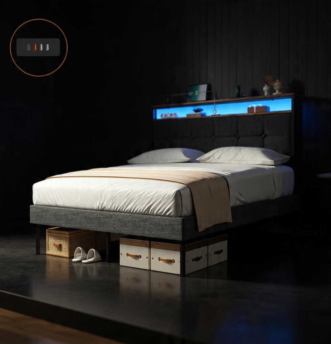 LuxComfort™ Modern Gestoffeerd Bed 140x200 cm met LED Verlichting, USB Laadstation, Opbergruimte & Geluidsarme Metalen Lattenbodem – Tweepersoons Bedframe van Hoogwaardig Staal met Zacht Linnen Hoofdbord – Grijs - House & Garden