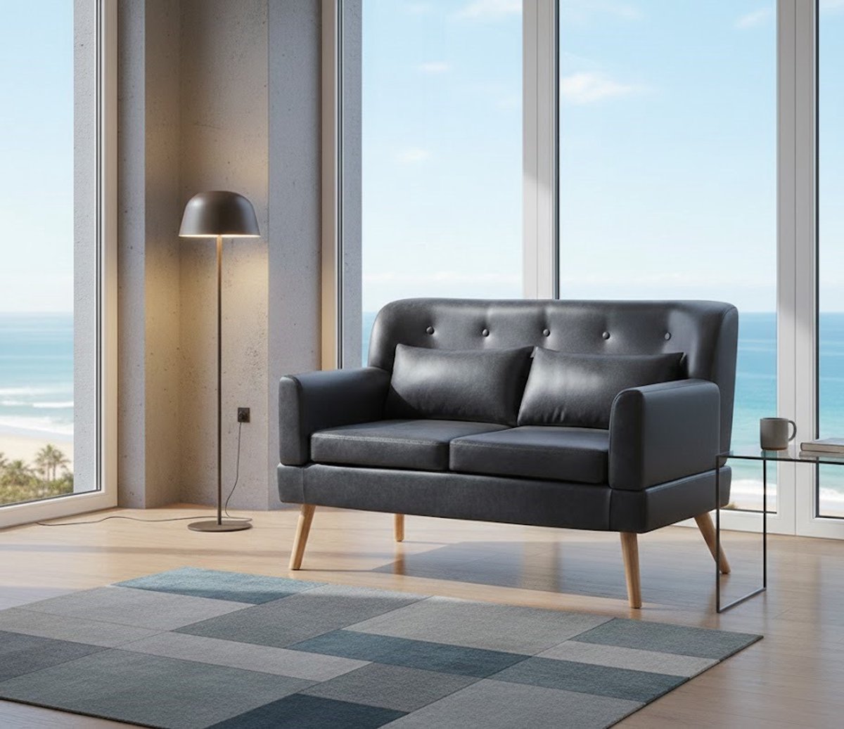 Comfortabele 2-Zitsbank House&Garden | Kleine Loveseat voor Woonkamer, Slaapkamer, Kantoor of Slaapzaal | Modern Design, PU Leder, Houten Poten, Zwart, Grijs, Beige, Groen | Compact & Stijlvol Meubel voor 1-2 Personen