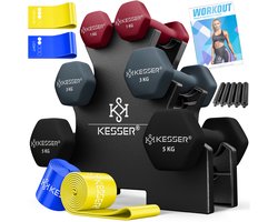 KESSER® Dumbells Set 3 Paren | Gewichten Set met Standaard | verstelbare Dumbell Geschikt voor Krachttraining | Halterset met oefeningenboekje, 2x fitnessbanden