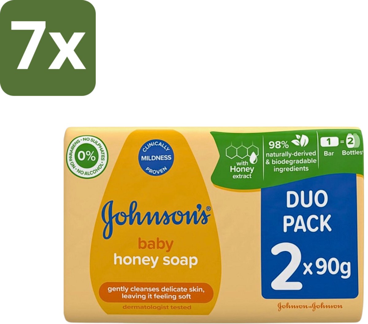 7 x Johnson's - Baby Honey Soap - Zacht - Reinigt Gevoelige Huid - 2 x 90 g - Babyhuid Reinigen - Honing Zeep - Gevoelige Huid - Zachte Zeep - Dermatologisch Getest