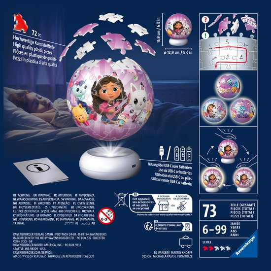 Ravensburger - Gabby’s Dollhouse - 3D Puzzle-Ball Nachtlicht - 73 Stukjes van Merkloos — afbeelding 2