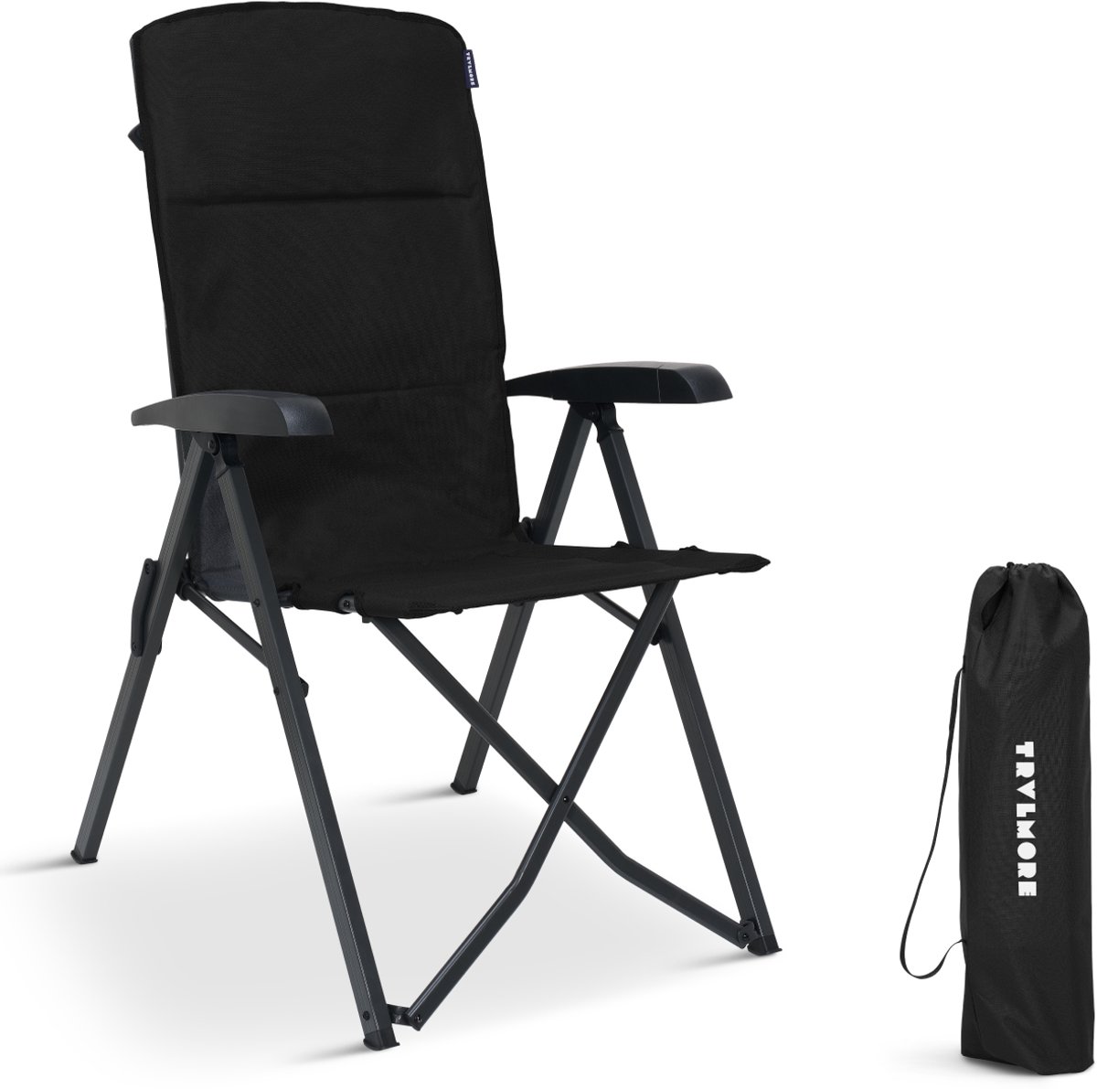TRVLMORE Campingstoel Luxe - Opvouwbaar - 150KG Draagvermogen - Incl. Draagtas - Klapstoel - Kampeerstoel - Vouwstoel - Zwart
