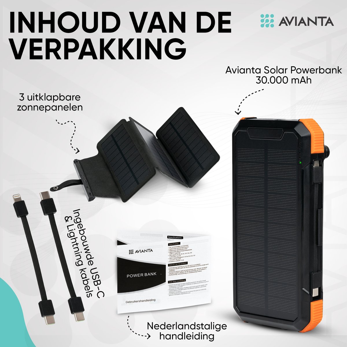 Avianta® Solar Powerbank 30.000 mAh met Zonnepanelen - afbeelding 3
