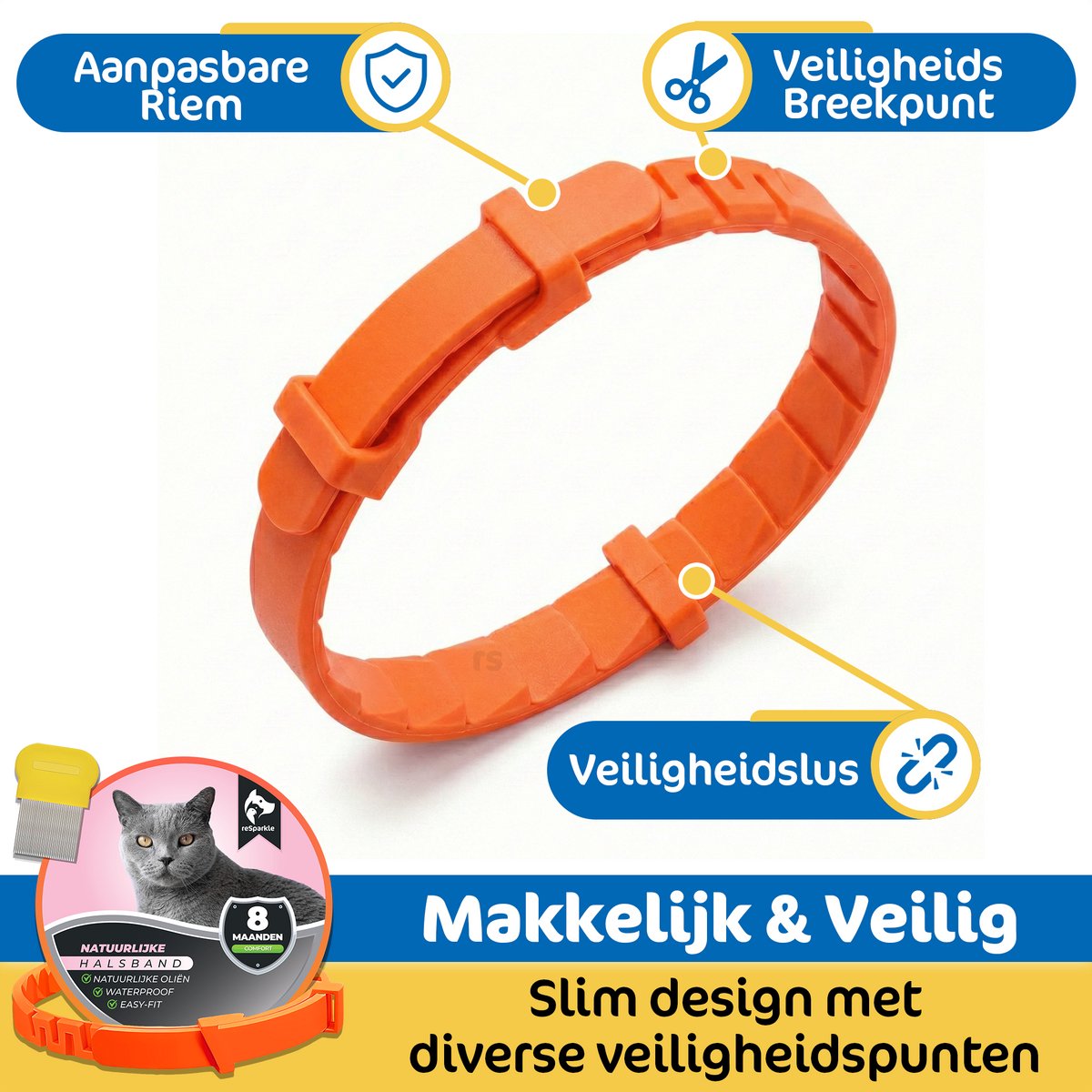 reSparkle Halsband Kat - Natuurlijk - Inclusief Vlooienkam - Oranje – foto 3