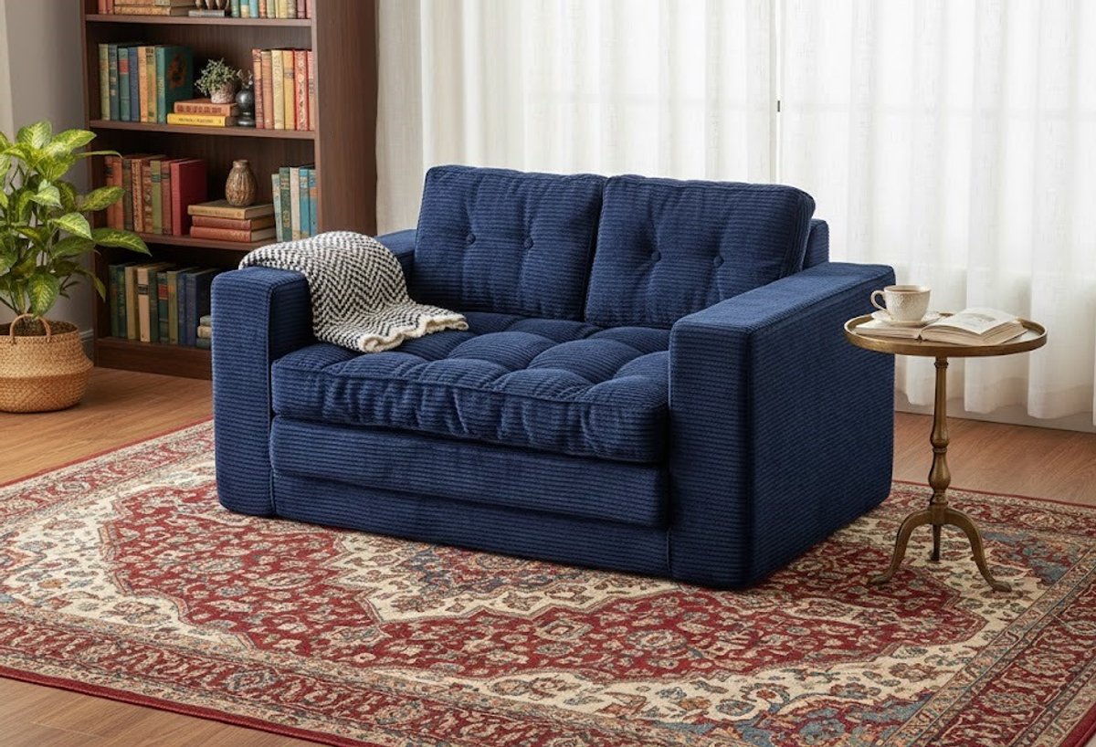 NovaLuxe 2-in-1 Slaapbank 140 cm – Inklapbare Vloerbank & Logeerbed met Kussens – Corduroy – Donkerblauw House&Garden