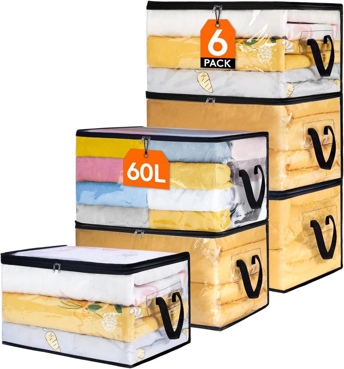 MeubelsvanJoep 6 stuks opbergdozen 55 x 35 x 31.5 CM, 60 Liter, opbergdoos met deksel, versterkte handgreep, kleding, opbergtas, kledingdoos, verhuisdozen voor kleding, jurken, beddengoed, transparant