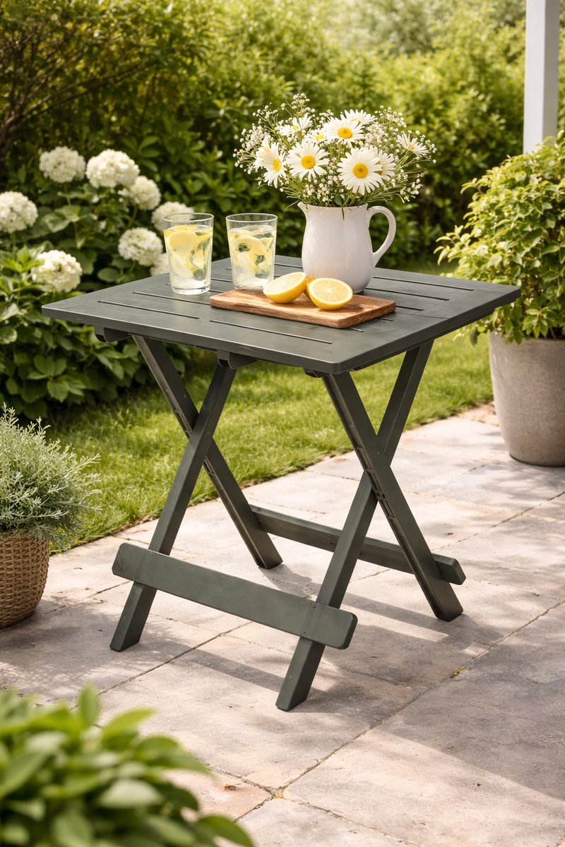 HEM Inklapbare Bijzettafel 43x45 cm – Groene Kunststof Tuintafel – Opvouwbare Campingtafel