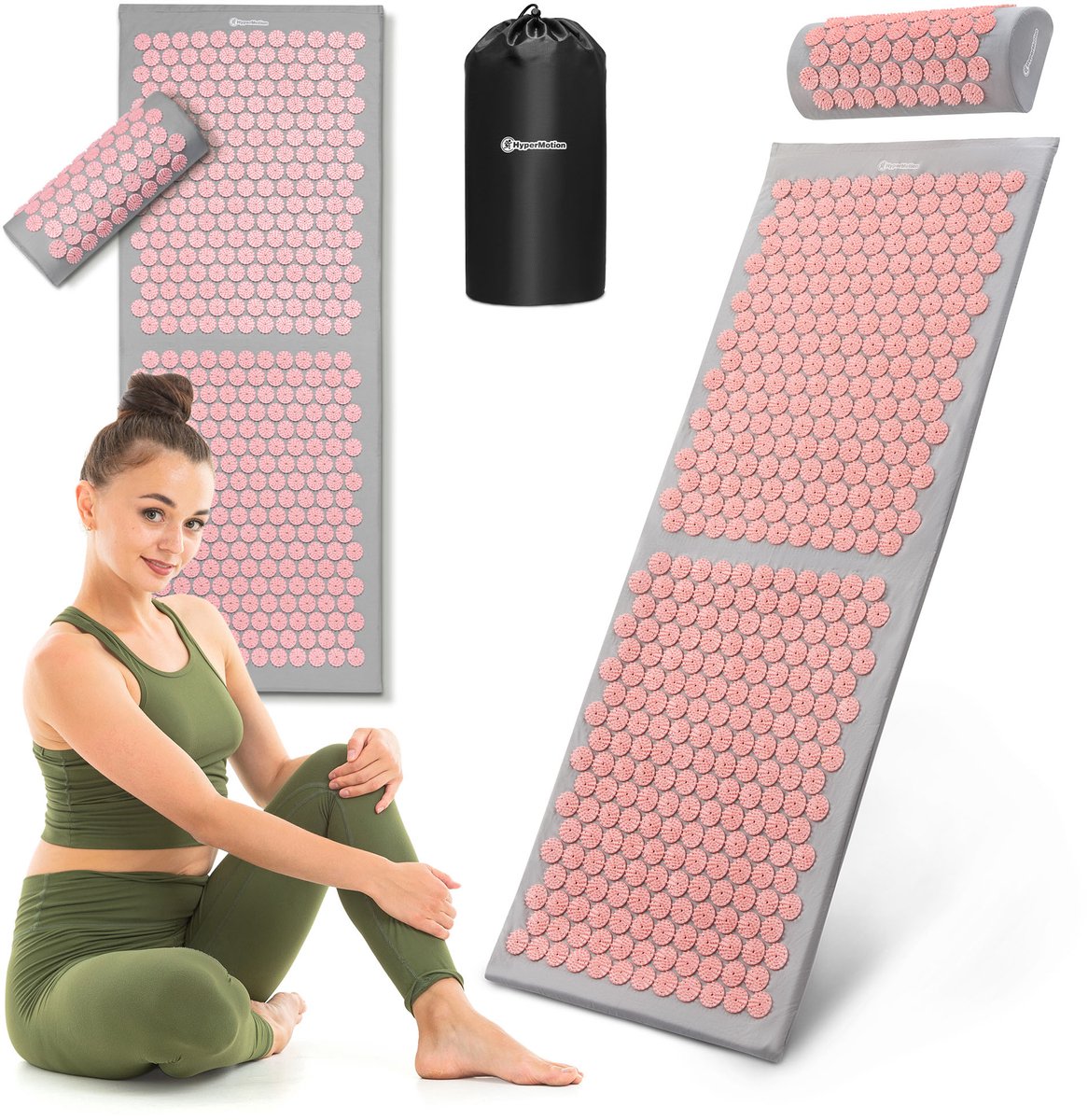 HyperMotion Acupressuurmat XL - 130cm - Spijkermat met Spijkerkussen - Incl Opberghoes – Grijs/Roze – HYP35 ACU MAT PINK