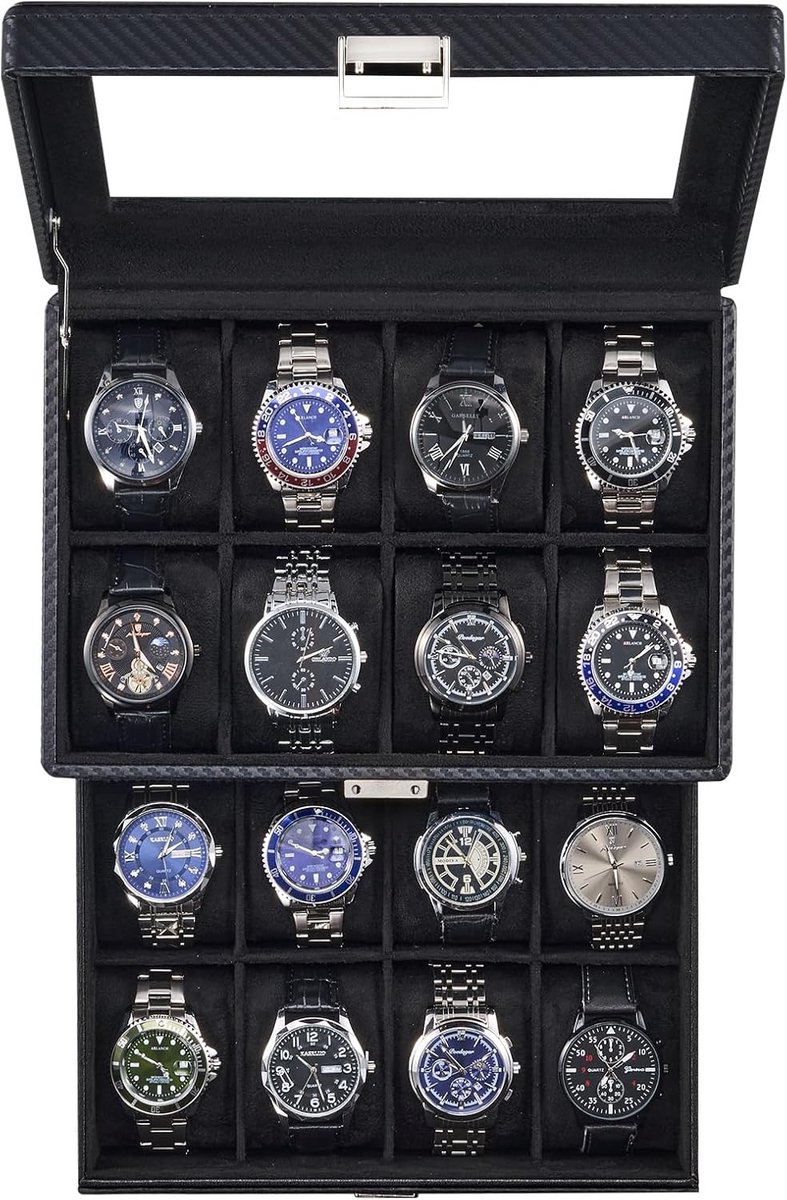 Horlogedoos met 16 Vakken en Glazen Deksel - Sieraden Opbergkoffer