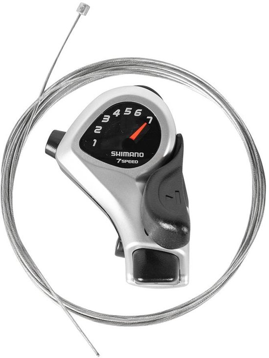 Zilverkleurige Shimano 7-speed RevoShift schakelaar met SIS Index, draaiknop en versnellingsindicator, met staalkabel.
