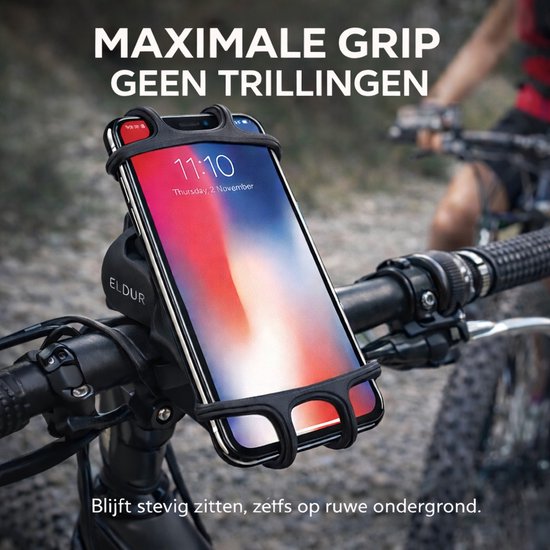 Zwarte telefoonhouder op een fietsstuur, met tekst 'MAXIMALE GRIP GEEN TRILLINGEN'.