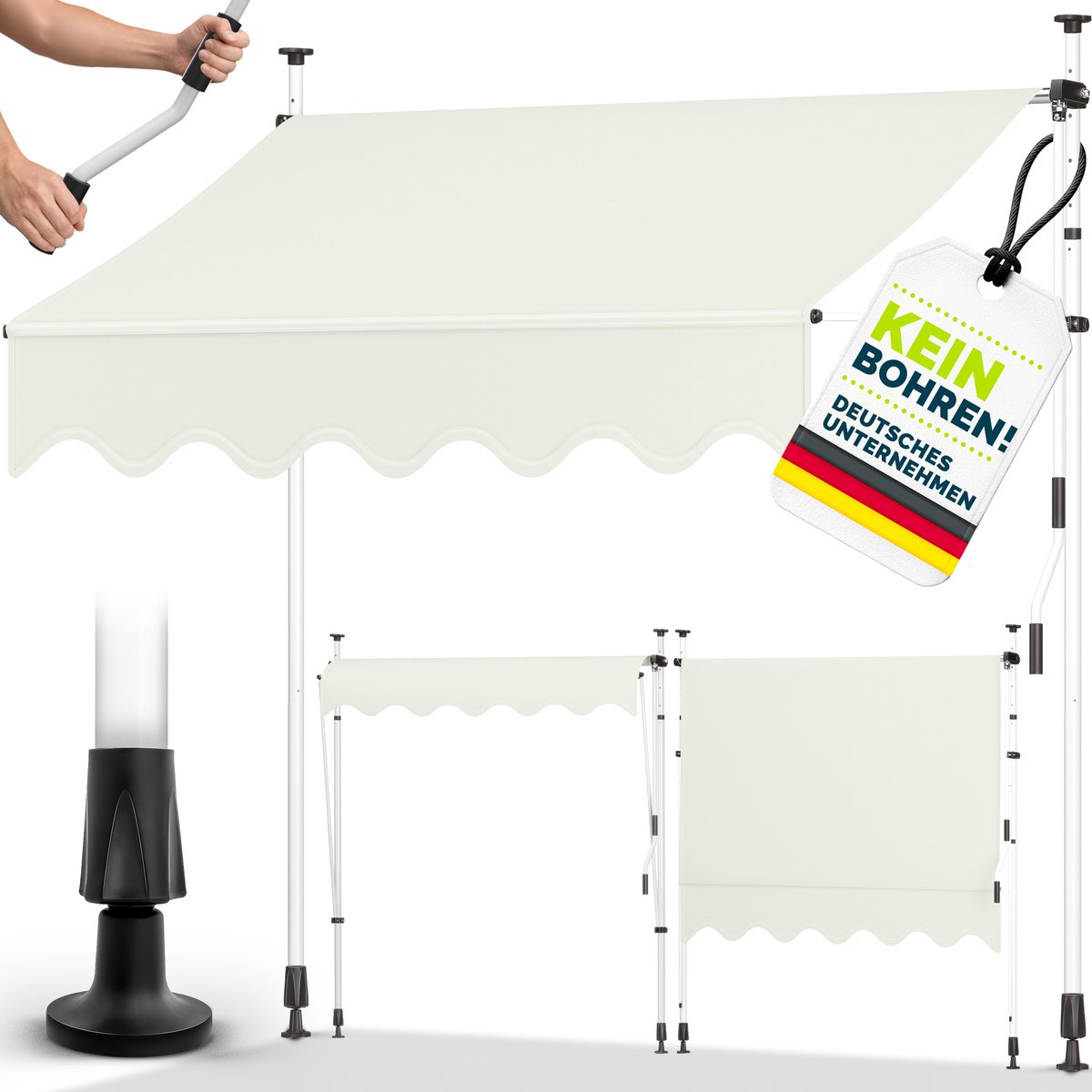 tillvex Klemluifel 200 cm beige met handslinger balkon | balkonluifel zonder boren | luifel UV-bestendig en in hoogte verstelbaar | zonwering waterdicht