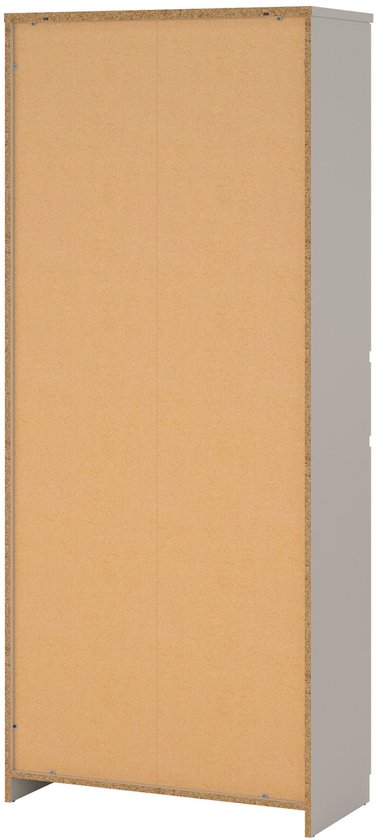 Achterkant van een taupe schoenenkast, met een open achterplaat.