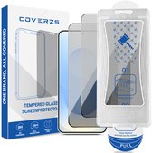 Coverzs screenprotector verpakking met een blauw-witte doos, twee screenprotectors en een montageframe.