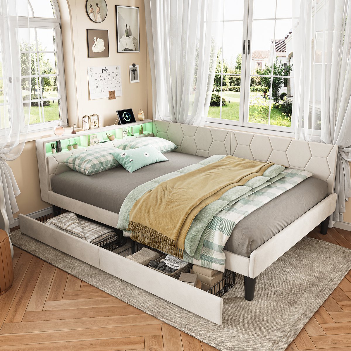 Tiener Slaapbank 140x200 cm – Omvormbaar Gestoffeerd Bed Beige met LED-Verlichting, USB/Type-C, 2 Opbergladen, Pluche Stof (Zonder Matras)