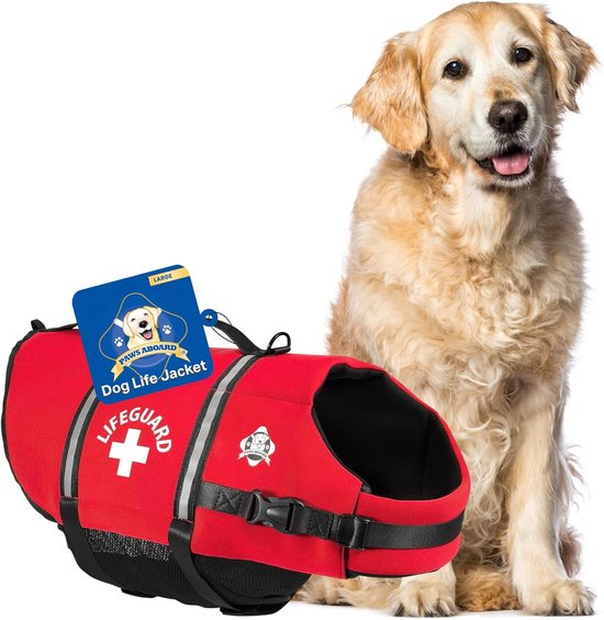 Rood reddingsvest met reflecterende strips en een 'Lifeguard'-logo, naast een Golden Retriever.