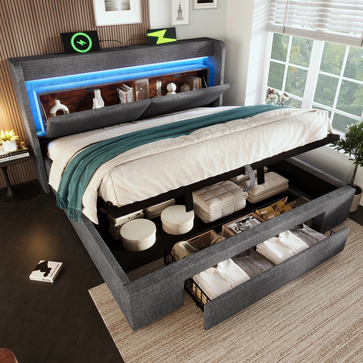 MODFU Ledikant 160x200 cm, gestoffeerd linnen, met opbergruimte, LED en USB/USB-C, grijs incl. matras