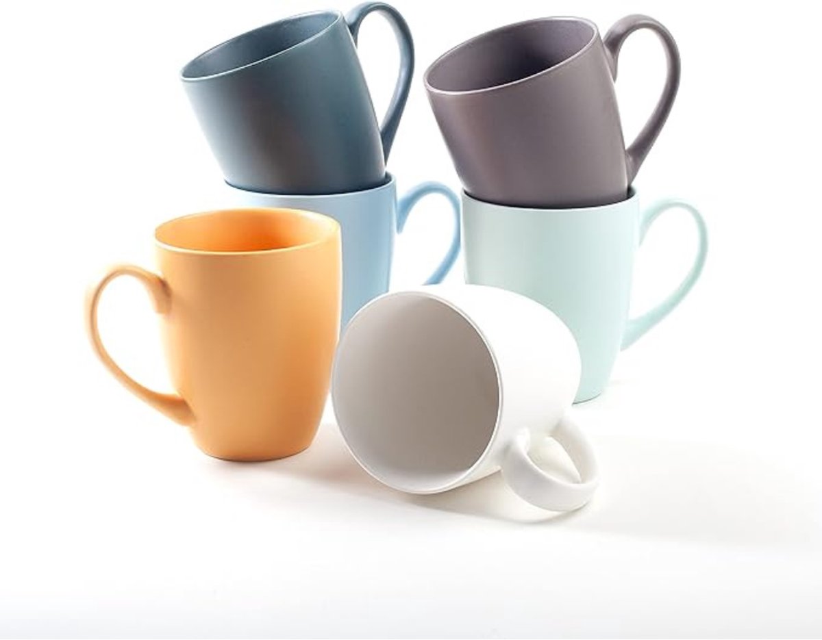 Verte Koffiemok - Koffiemokken - Koffiekopjes van Hoogwaardig Massief Keramiek - Kopjes met Grote Oorlussen - Koffie - Thee - Grote Kopjes - Vaatwasmachinebestendig - Modern - Kleurrijk Mat - Set van 6 - 360 ml