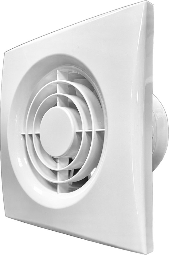 Vue en perspective d'un ventilateur carré blanc avec grille ronde.