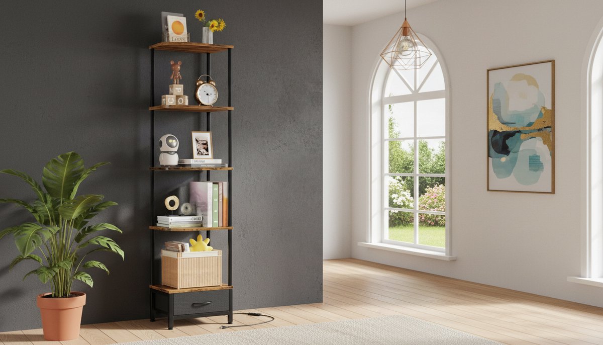 Hoekboekenkast met Lade en LED Verlichting – Casa Velluto Lumina Corner XL 191 cm – Smalle Hoekplank 6 Niveaus – Moderne Boekenkast met Stoffen Lade – Wit Metaal & Hout – Voor Woonkamer, Slaapkamer en Kantoor