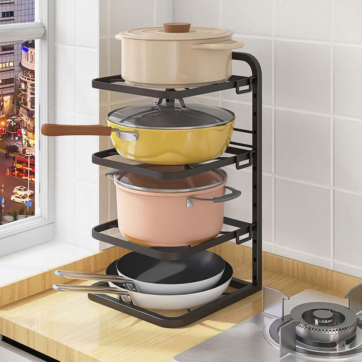 4-laags Panrenorganizer voor Keukenopslag - Potten en Pannen Organizer met Dekselhouder